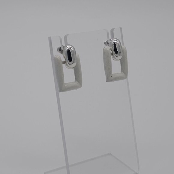 Vintage White Silver Tone Door Knocker Earrings Art Deco Moveable Drop M1 - Picture 6 of 6